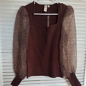 Brown Sweater with Sheer Leopard Sleeves